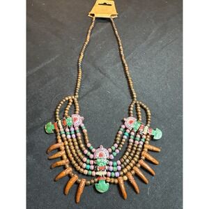 Boho Tribal Necklace Wood Beads Pendant Multi Layered Statement